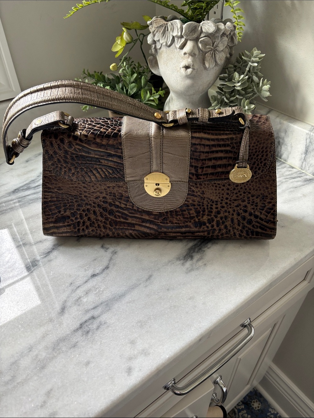 Brahmin Dark Brown Croc-Embossed Shoulder Bag with Gold Hardware